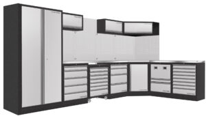 Mobiliário de Canto 7 Elementos 3964P C/ Tampo de Inox – Cinza (1X 3819MM, 2x 2224MM)